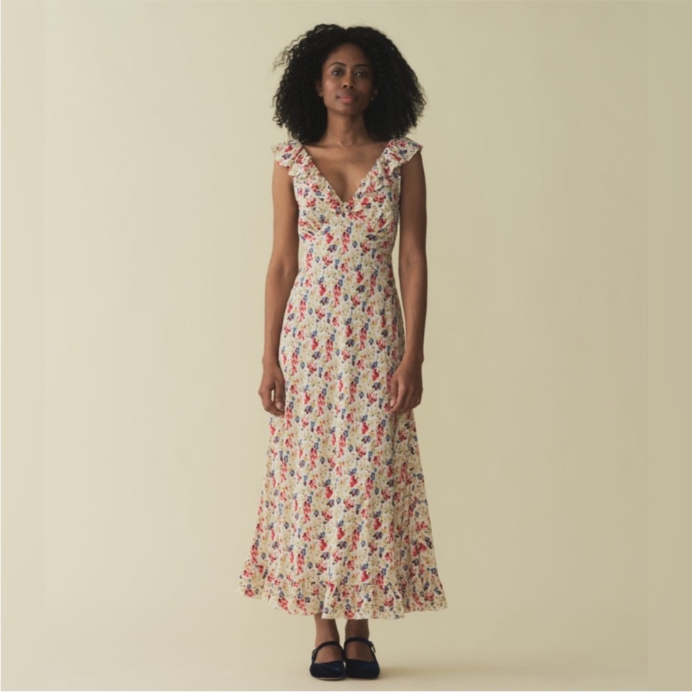 Doen Arleen Silk Ruffle Floral V-Neck Midi Maxi Dress Wildflower Thicket XS NWT